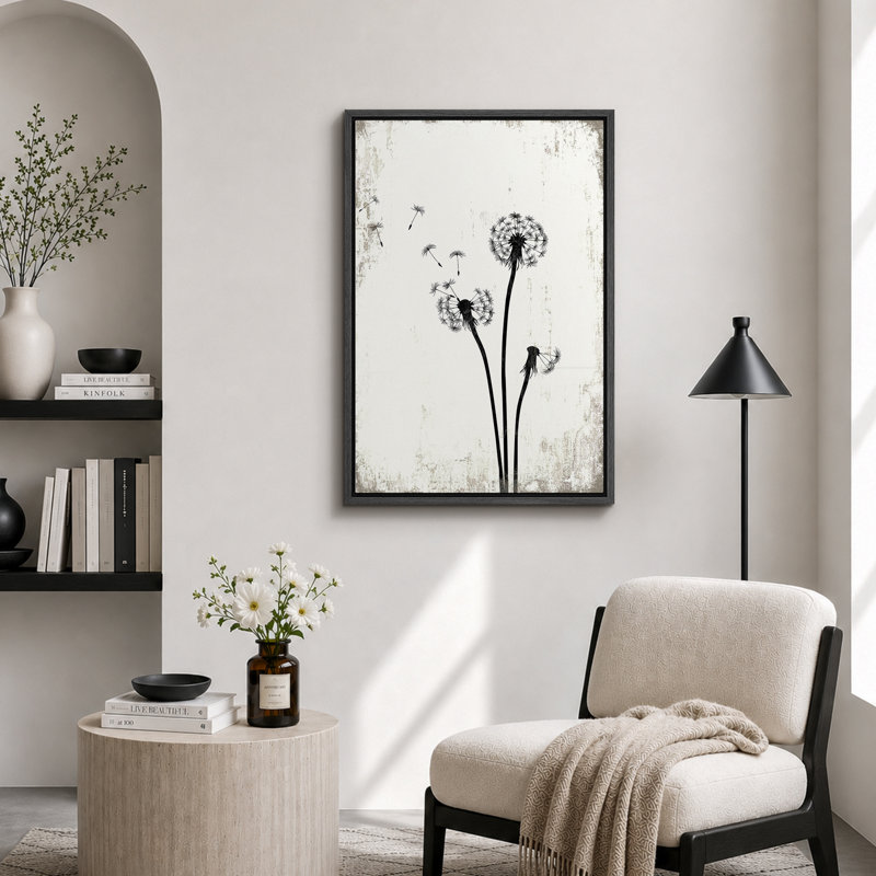 Pissenlit «Simple Whimsy Flying Dandelion, H 24 po x l 16 po, Toile encadrée, Noir