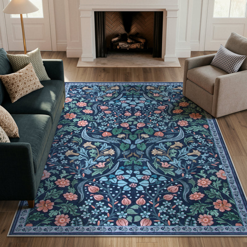 Tapis lavable à motif floral Kaldi, Rectangle 5 pi x 7 pi, Bleu