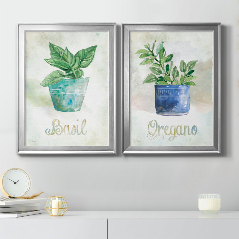 Basilic en pot - Ensemble de 2 peintures sur toiles, H 22,5 po x l 61 po x P 1,5 po, Toile avec cadre argenté