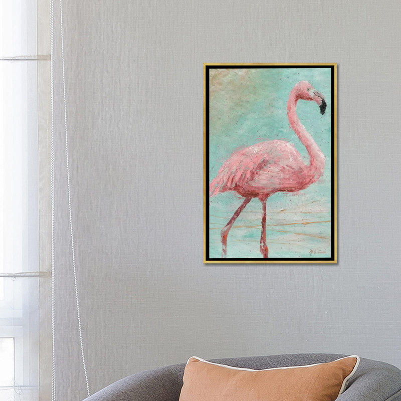 Reproduction d’art, "Pink Flamingo I" par Marie Elaine Custer, H 26 po x l 18 po x 1,5 po, Toile encadrée d'or, Pas de tapis