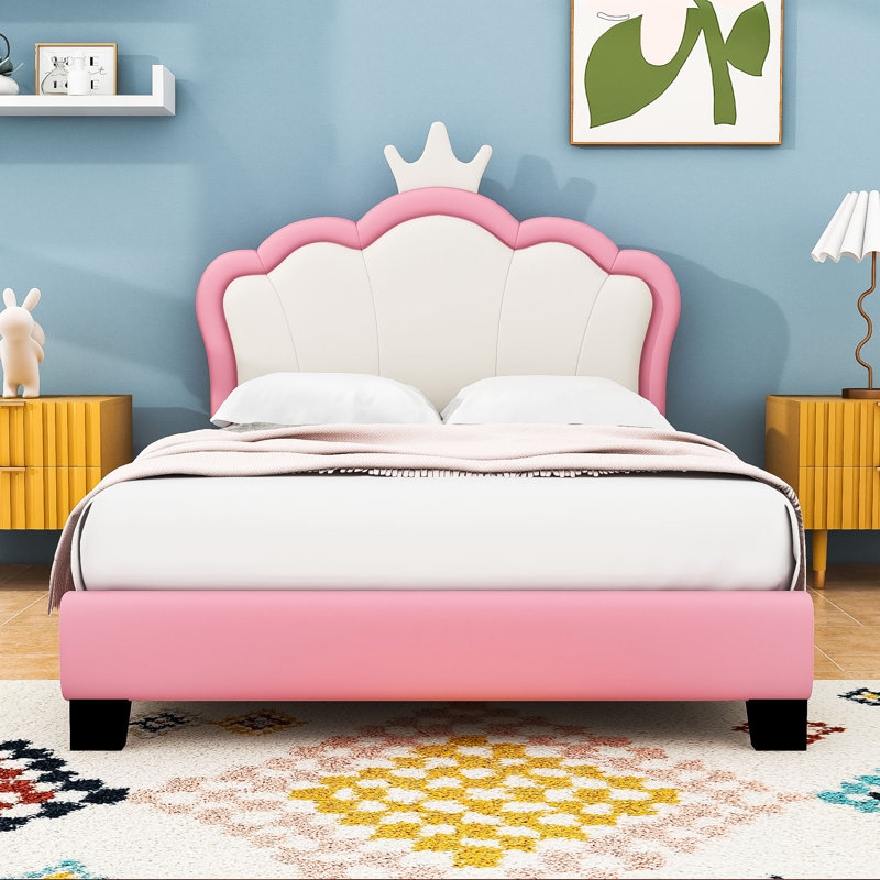 Lit plateforme tapissier en polyuréthane avec tête de lit couronne, Simple, Rose