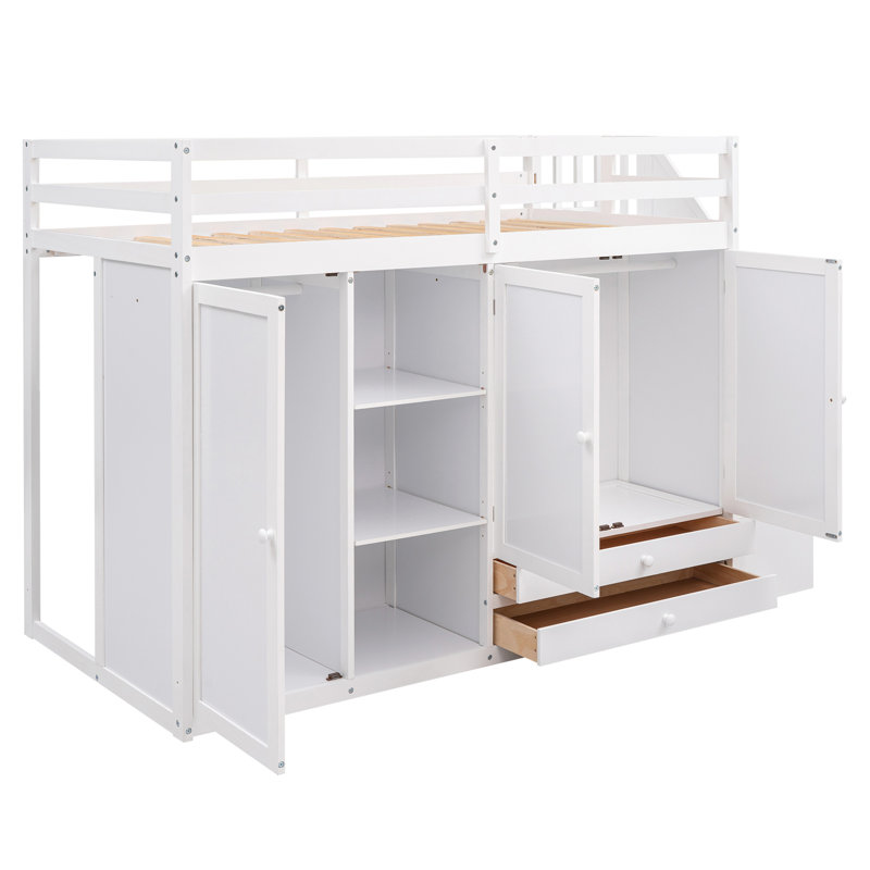 Lit mezzanine fonctionnel avec plusieurs solutions de rangement, échelle de rangement et garde-corps pour une utilisation sécuritaire et efficace de l'espace