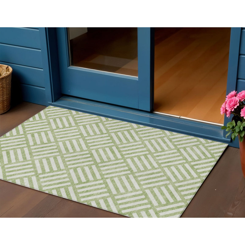Tapis d'intérieur / extérieur géométrique lavable 3 pi x 5 pi vert et ivoire