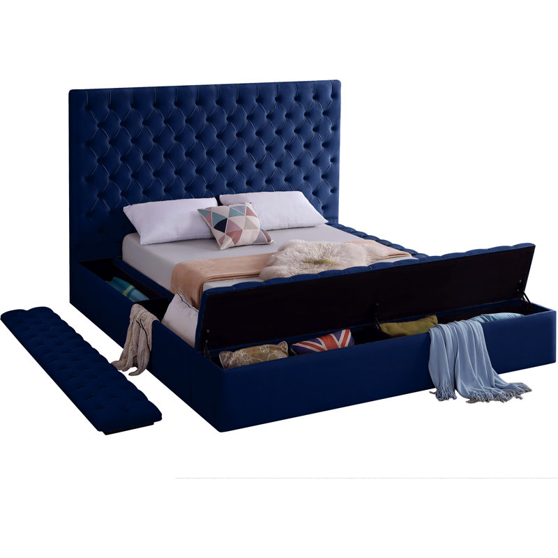 Lit plateforme tapissier avec rangement Johnnay, Très grand, Velours marine