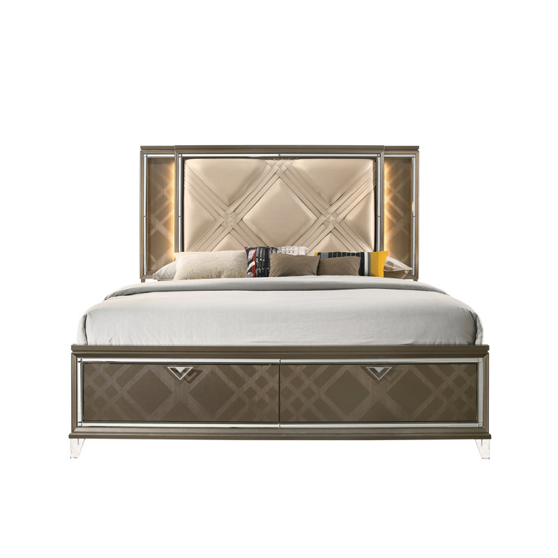 Champagne Faux Leather Full Bed with Storage and LED Lighting