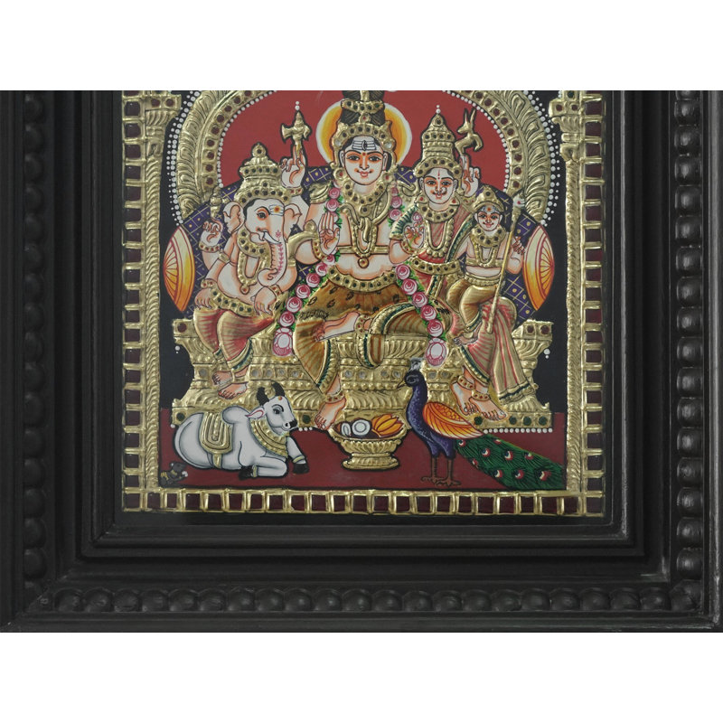 Shiva Parivar Tanjore, peinture avec cadre | Couleurs traditionnelles avec or 24 carats