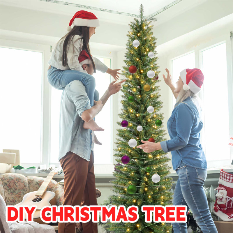 Arbre de Noël 6 pi avec 150 lumières DEL chaudes - conception mince en PVC, 358 pointes, compacte et facile à assembler, 72"