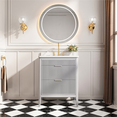 Fully Assembled 30" Grey Freestanding Single Sink Bathroom Vanity With 2 Handle Sets And Engineered Marble Top