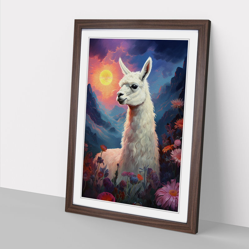 Llama Romanticism No.2 - Single Picture Frame Print on Wood, Walnut Framed, 46cm H x 34cm W x 2cm D