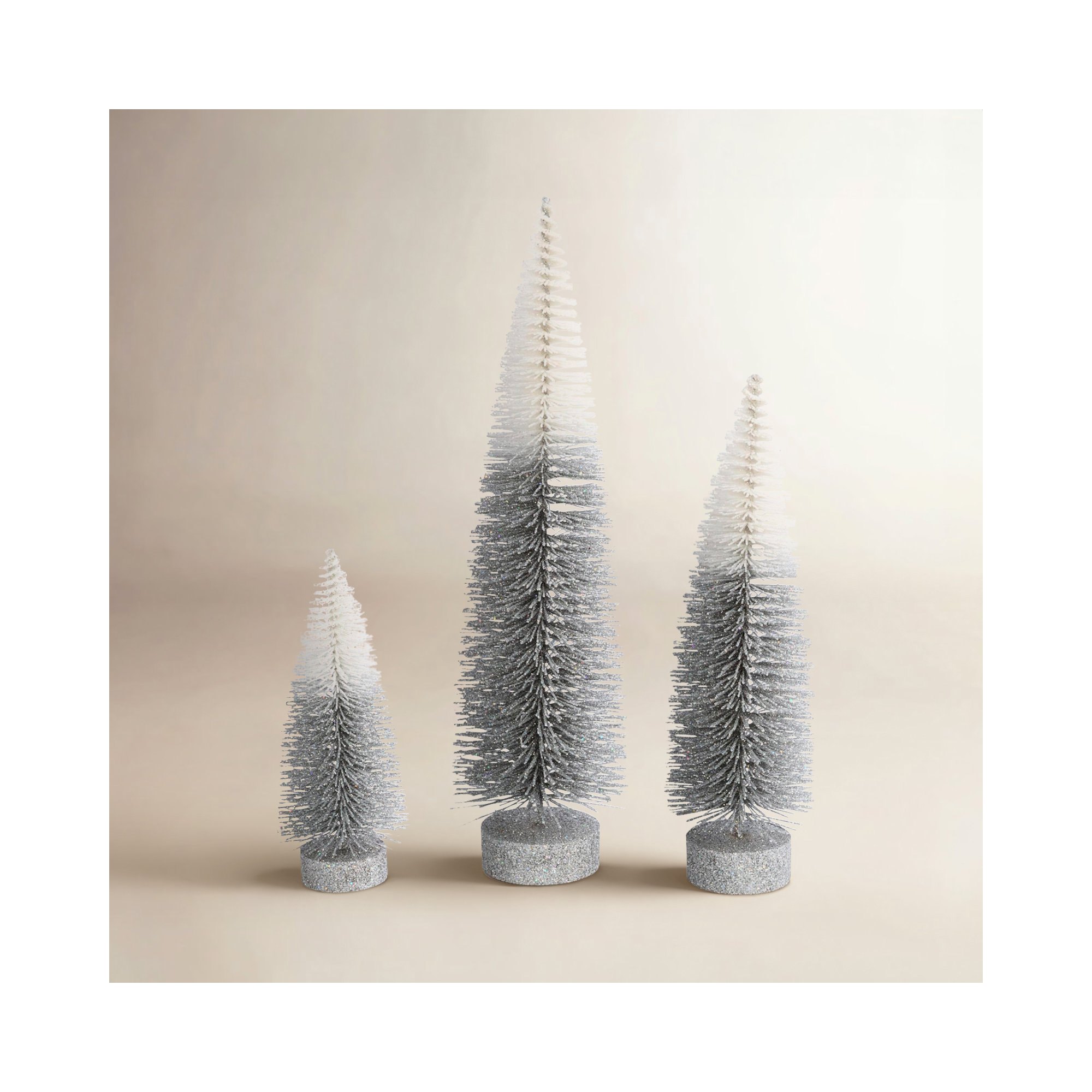 Set Of 3 Grey White Ombre Bottle Brush Trees