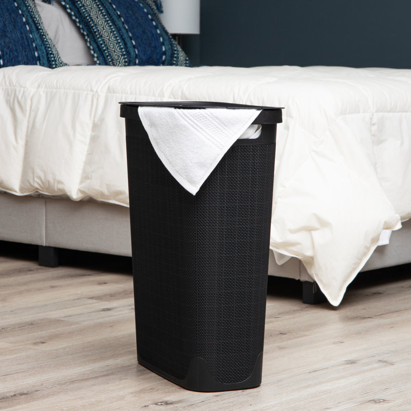  Slim Laundry Hamper, Clothes Basket, Lid, Linen Design, Plastic, Black