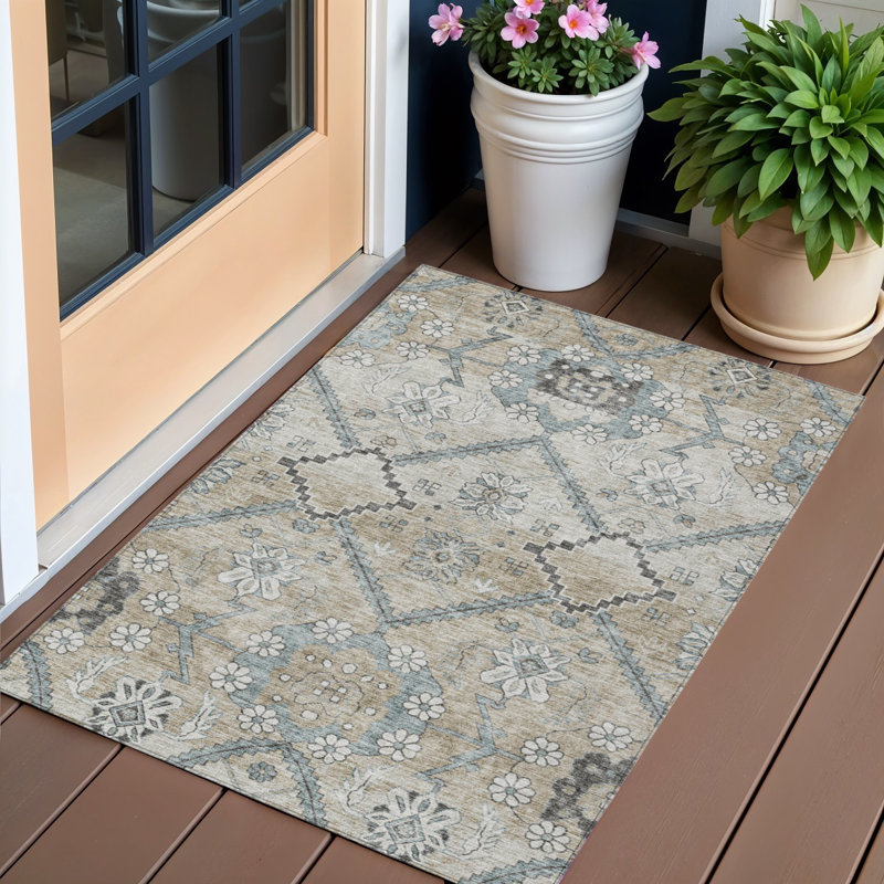 3' X 5' Beige Taupe Floral Washable Indoor Outdoor Area Rug