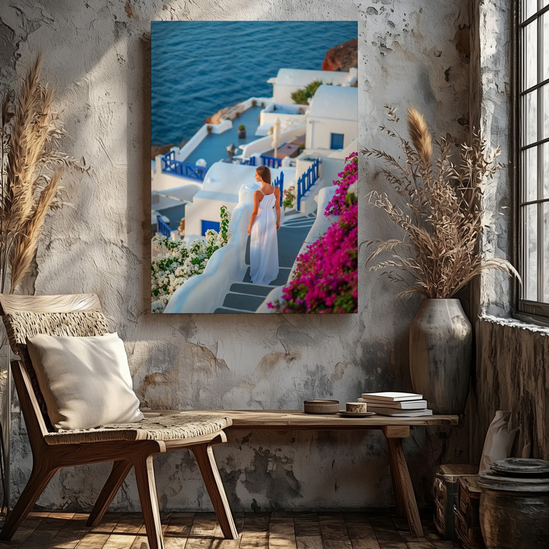 Toile, un collage pittoresque capturant l’essence de Santorin, en Grèce, avec art mural bleu et blanc éclatant