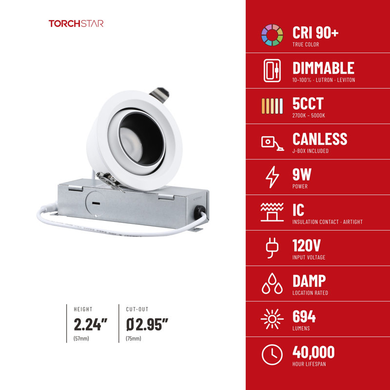 Luminaire encastré DEL 3 po 5CCT à cardan avec boîte de jonction, bordure étroite et lisse anti-éblouissement, étanche à l'air (norme IC), intensité lumineuse réglable, IRC 90