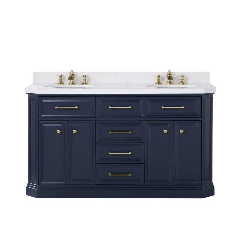 Palace 60 In. Double Sink White Quartz Countertop Vanity In Monarch Blue With Waterfall Faucets