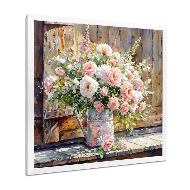 Dondiel Summer Blush Rose Bouquet At The Barn II - roses, art mural pour le salon, H 16 po x l 16 po, Blanc