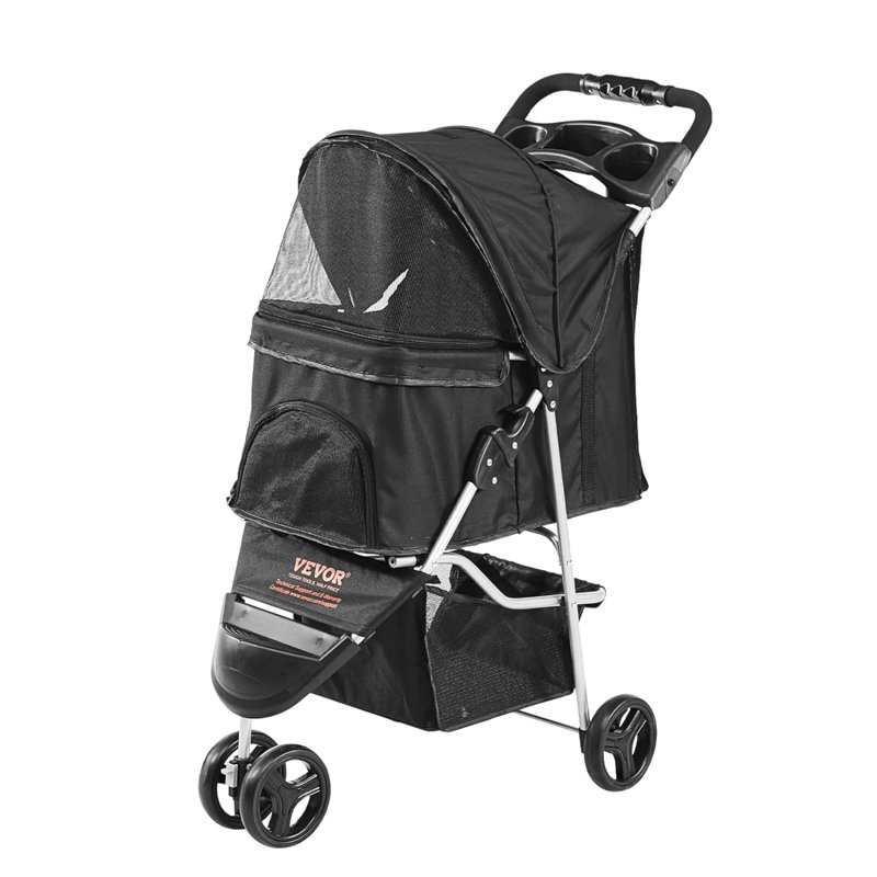 Pet Stroller, 3 Wheels Dog Stroller Rotate with Brakes, 35lbs Weight Capacity, Puppy Stroller with Front Pedal, Velcro, Storage Basket and Cup Holder, Black, Designed for Dogs and Cats Travel