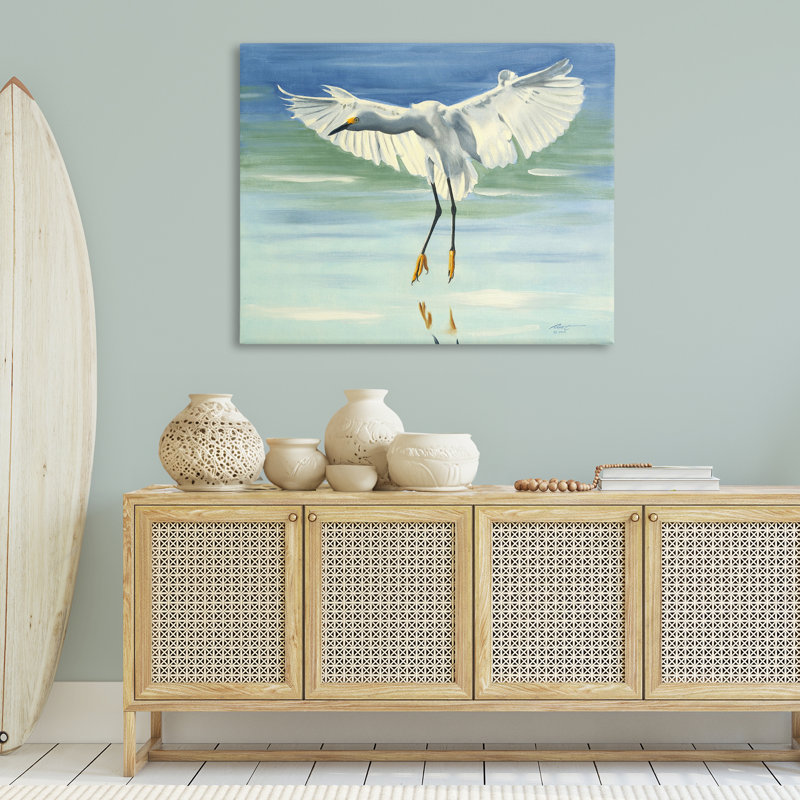 «Snowy Egret on Beach», art mural par D. Rust, H 16 po x l 20 po