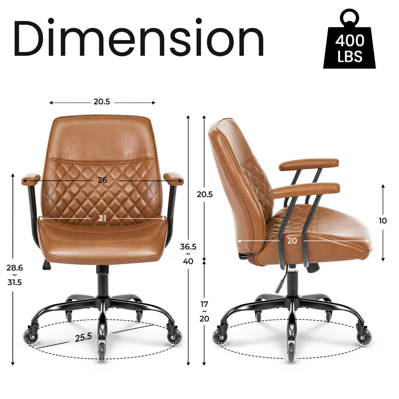 Camellia Ergonomic Faux Leather Executive Office Chair, Mid-Century Desk Chair, Tilting, Roller Blade Wheels, Brown