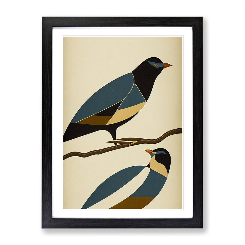 Pair Of Birds No.2 Abstract - Print, White, 66cm H x 48cm W, Black Framed