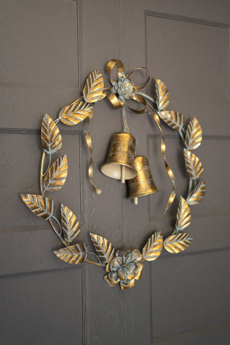  Antique Brass Christmas Door Wreath Leaves and Bells (Min 2)