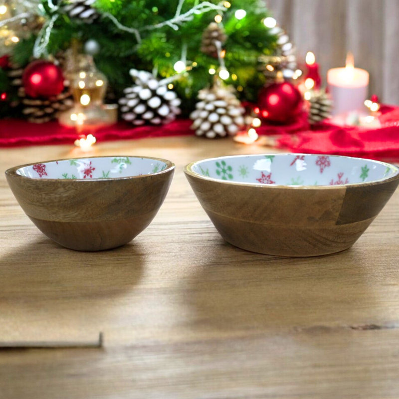 Ensemble de 2 bols de Noël festifs fabriqués à la main en bois de manguier (ensemble de 2)