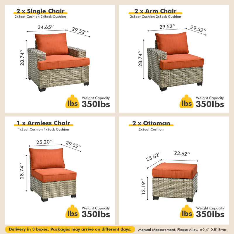 Ensemble de conversation d'extérieur en rotin pour 7 personnes avec coussins, Orange-rouge