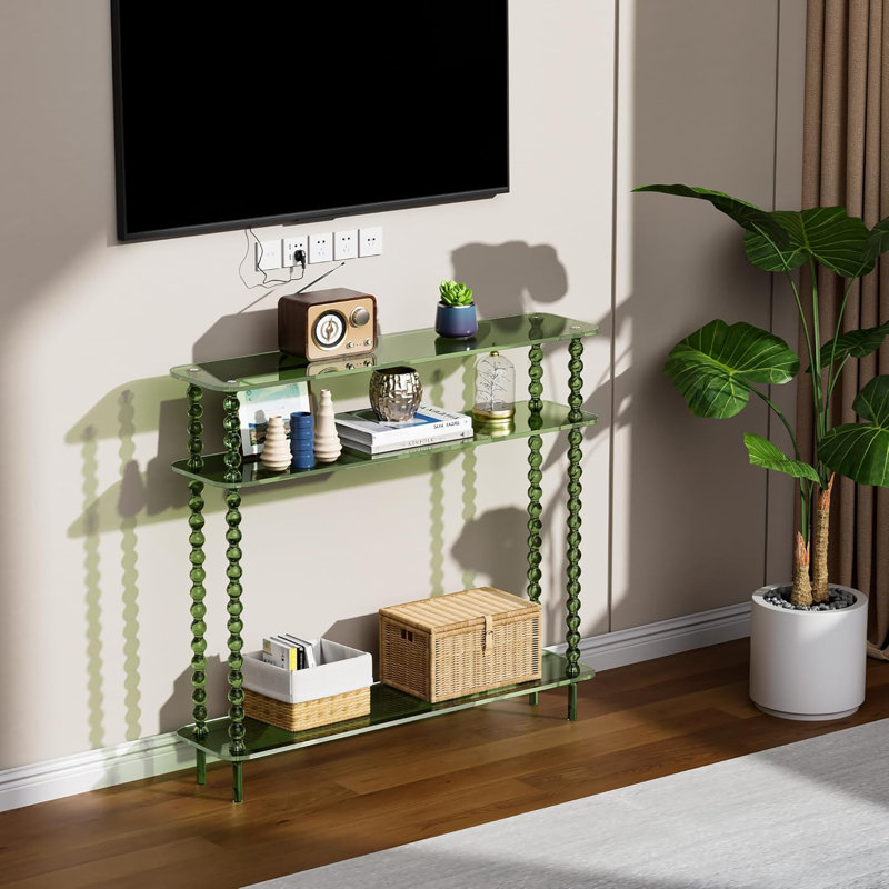 Acrylic Console Table Narrow, 3 Tier Long Entryway Table With Storage, Mid-century Modern Sofa Table For Living Room, Hallway (Green, 39.4“×9.4”×35.4“)