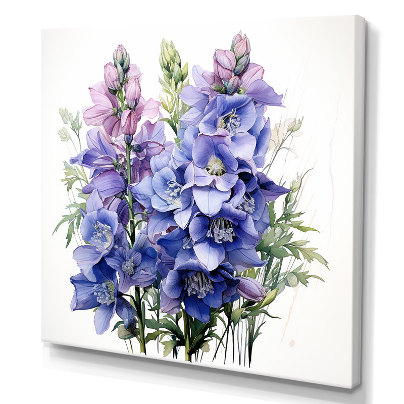 Bleu et mauve, Delphinium, bouquet de fleurs III - Delphinium, art mural, Toile tendue, 36" H x 36" W