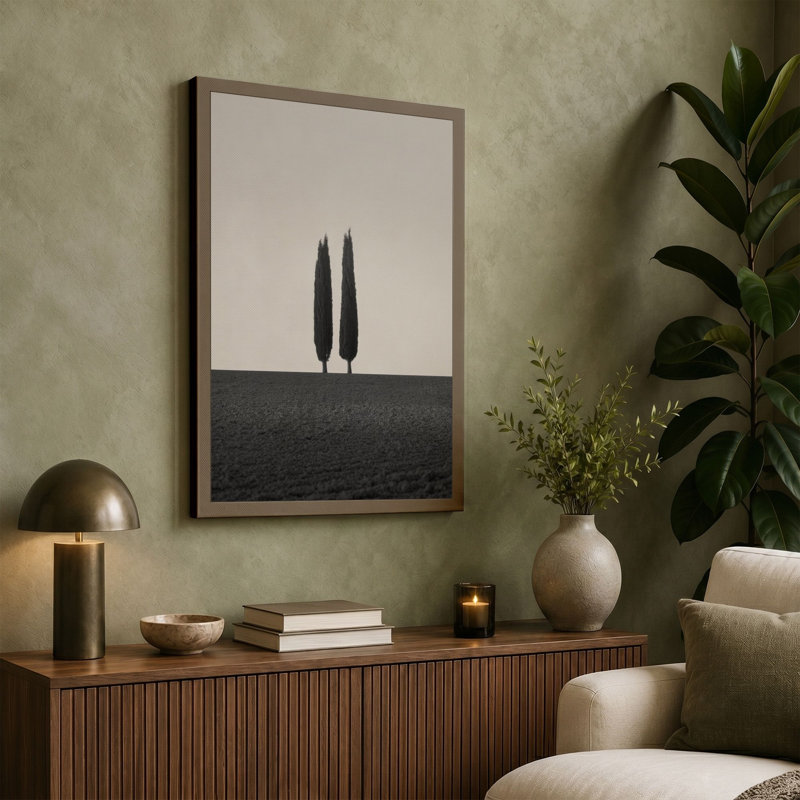 Two Cypresses at Dusk Minimalist - Wrapped Canvas, 24x16 - 61.0 x 40.6 cm, Cream Border