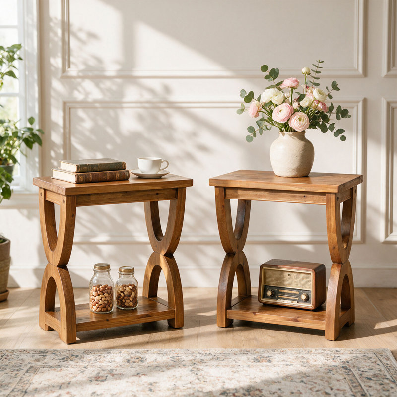 Table d'appoint à deux niveaux en bois massif avec rangement, 2