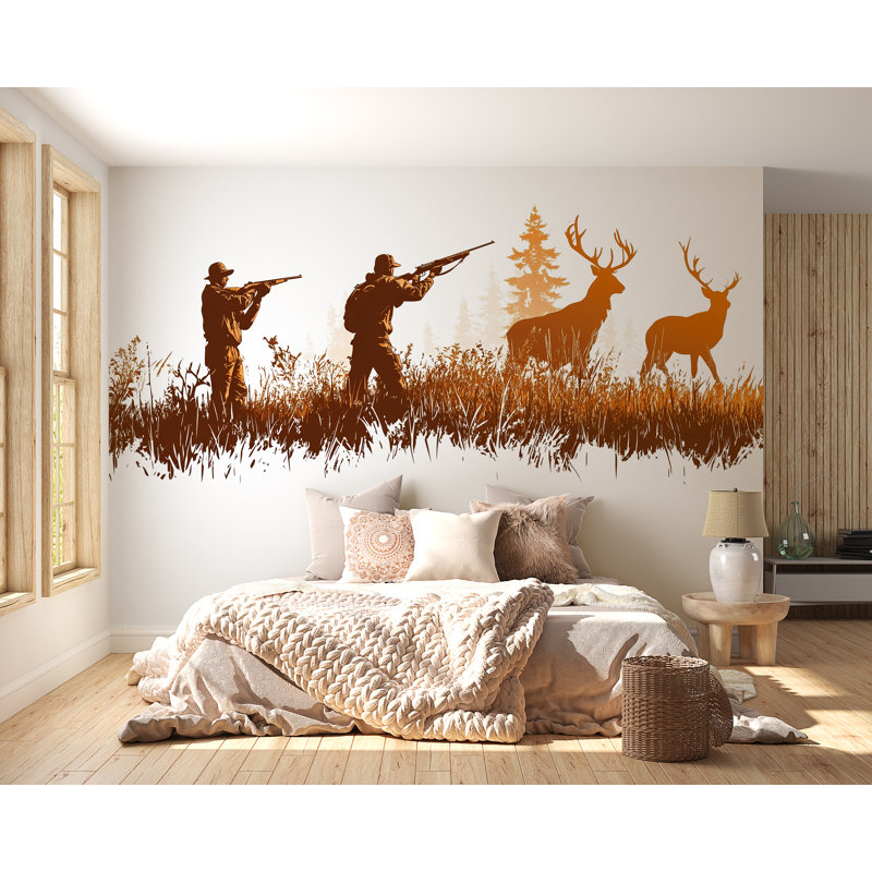 Décalcomanie murale de chasse, autocollant mural de scène de chasse cerf, art mural chasseur, décor de chalet rustique, décalcomanies murales homme des cavernes, vinyle silhouette 250g
