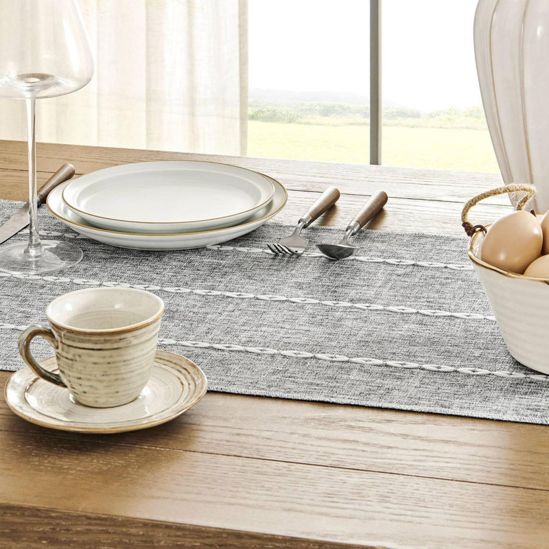 Gray Braided Striped Polyester Table Runner with Tassels