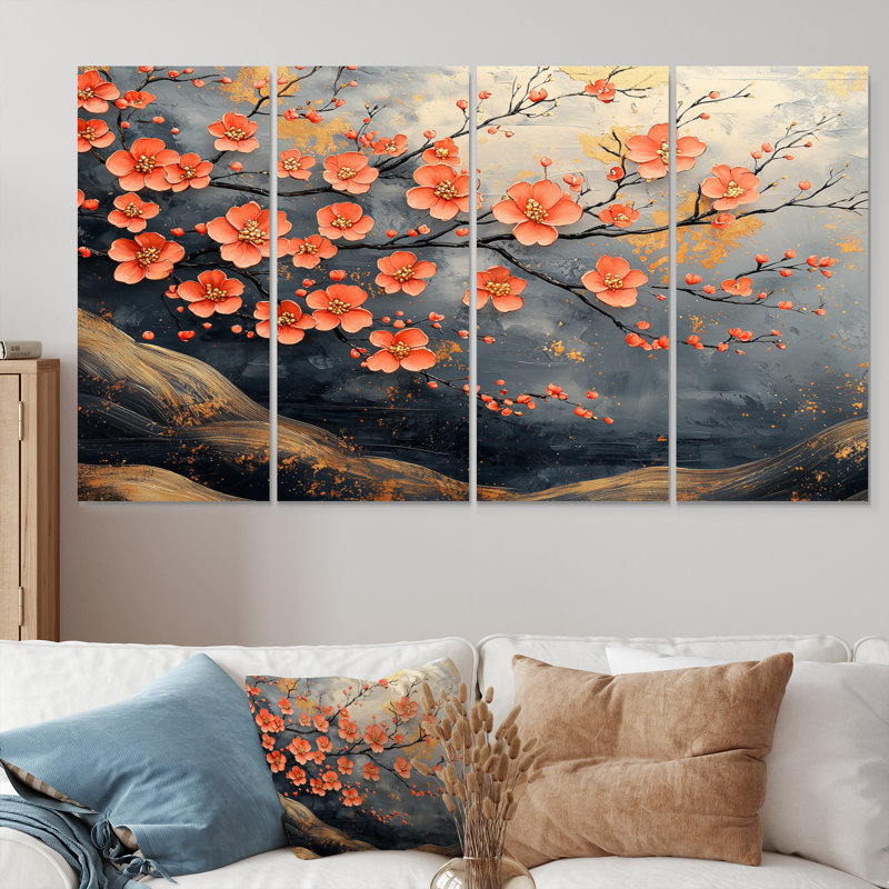 «Orange Blossom Branch On Golden River II», ensemble de reproductions d'art mural cerisier en fleurs, H 28 po x l 48 po