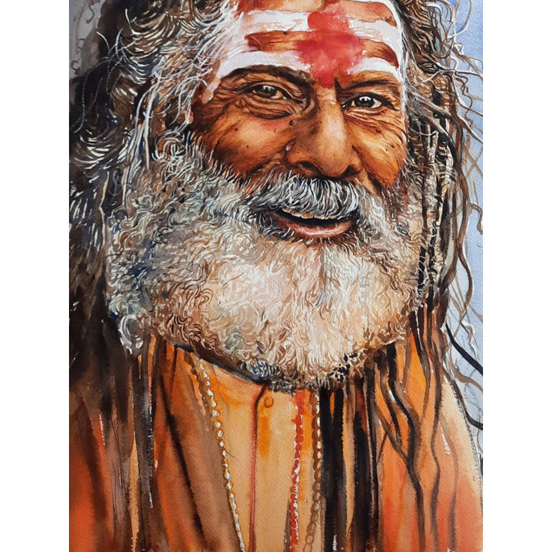 Aquarelle Sanyasi, peinture sur papier par Priya Ghosh - Renoncez sauge, décoration spirituelle yogique