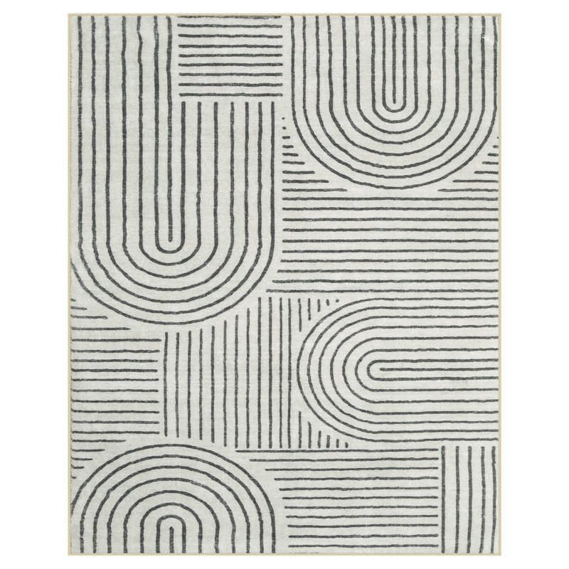 Celeta Washable Abstract Japandi Rainbow Striped Black Area Rug - Colorful Modern Carpet for Living Room, Bedroom, or Office Decor