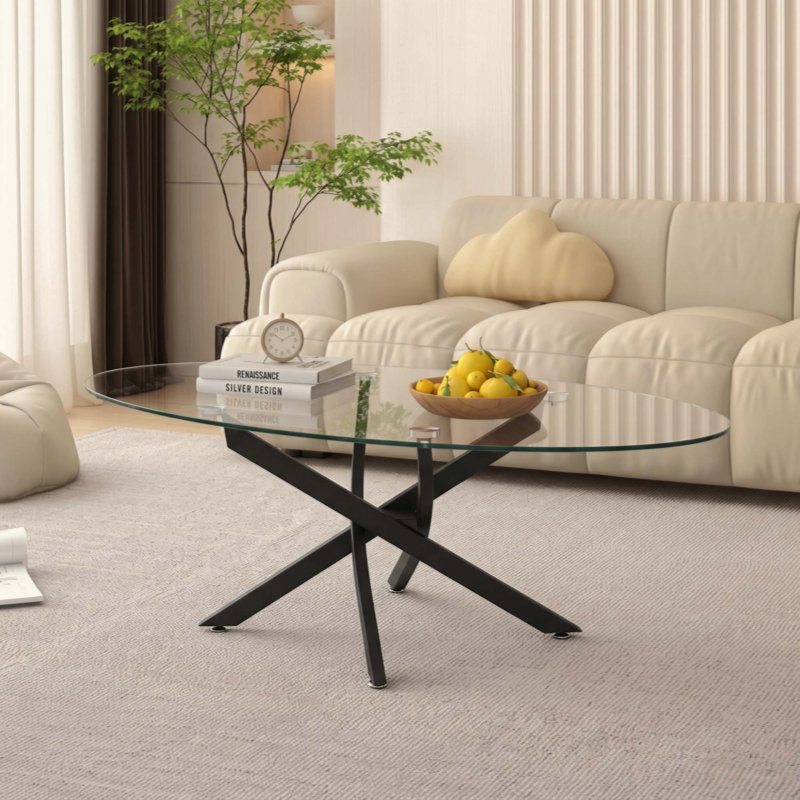 Table basse ovale, table d'appoint en verre de 100 cm avec pattes, table à thé moderne pour salon, Transparent/noir