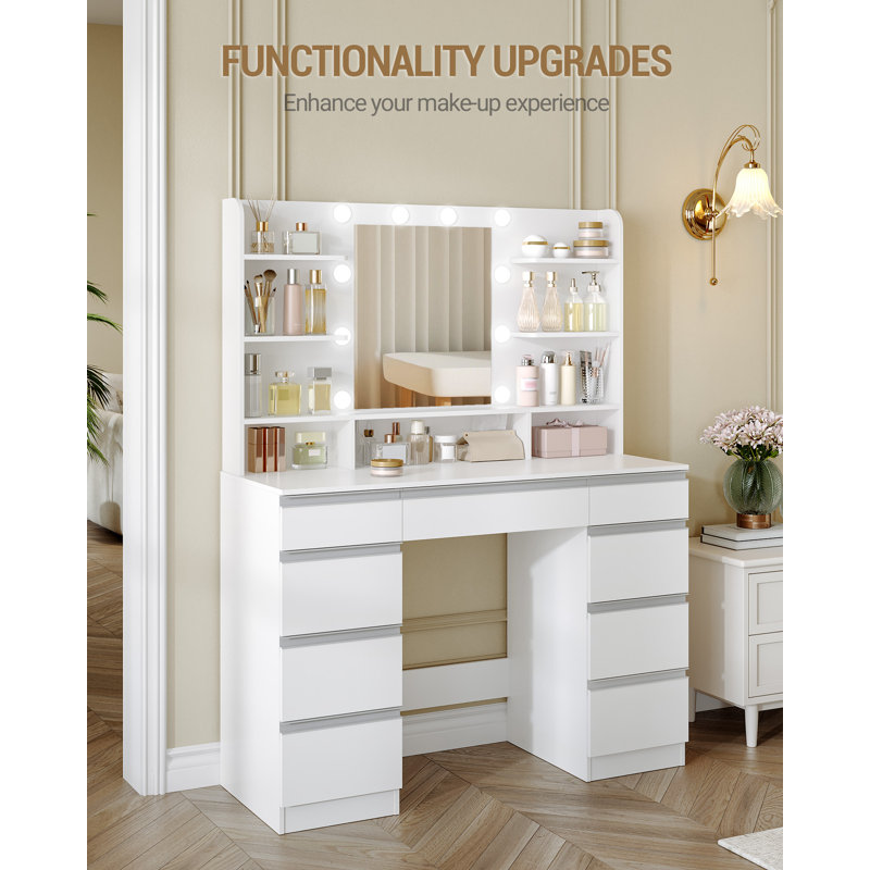 Dressing Table with Bulb/LED Light, Vanity Desk with 1 Large Drawer and 8 Small Drawer Cabinets, Adjustable Brightness, Large HD Mirror, 9 Open Storage Areas