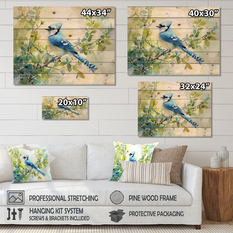 Geai bleu pastel perché sur une branche - impression sur bois d'oiseau - sur bois de pin naturel, H 24 po x l 32 po