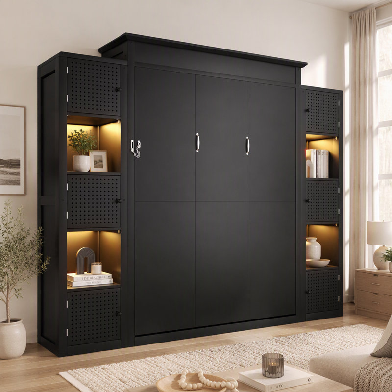 Lit escamotable mural avec éclairage DEL, lit escamotable pliable peu encombrant avec tête de lit rembourrée et tablettes de rangement latérales pour la chambre à coucher