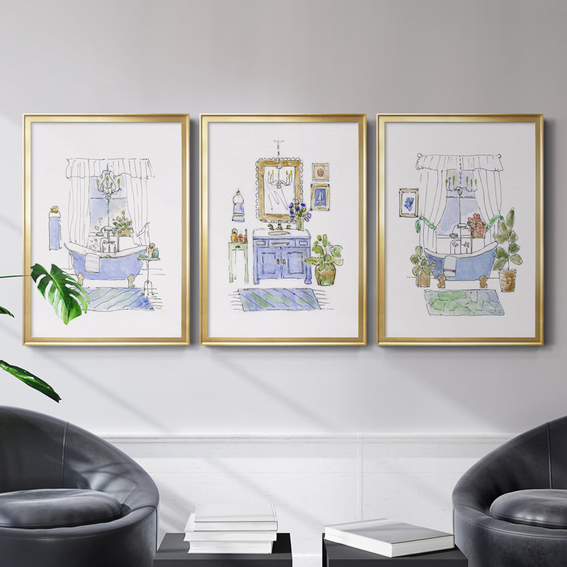 «Sketchy Bath I», ensemble de 3 reproductions d'art, H 30,5 po x l 172,5 po x P 1,5 po, Toile encadrée dorée