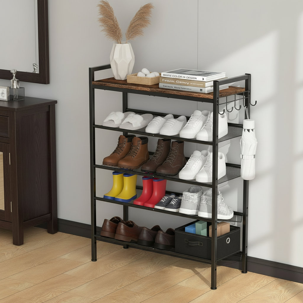 Top Entry Rack Rebrilliant 5-Tier Metal Height-Adjustable Shoe Rack, Wooden Top With ...