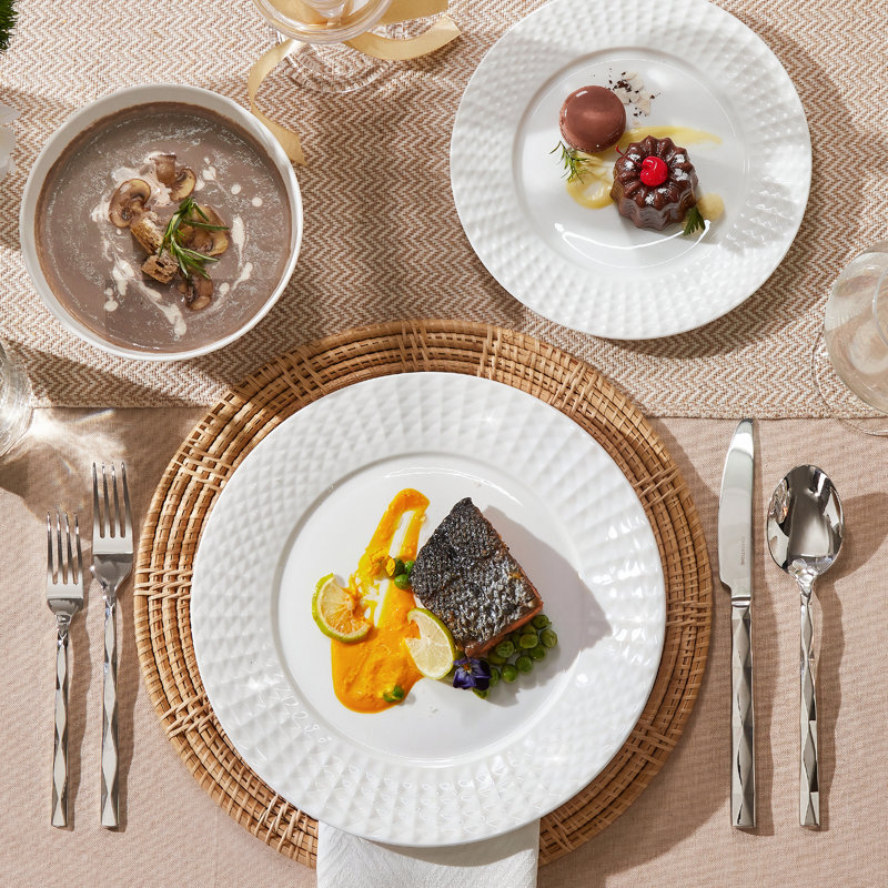 12-piece White Bone China 3d Embossed Dinnerware Set, Service For 4