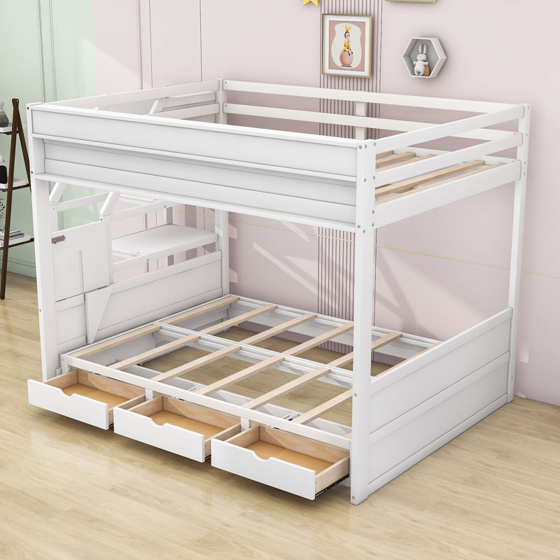 Orkin Full Over Full Size Wood Bunk Bed with Staircase,Table and 3 Drawers, White