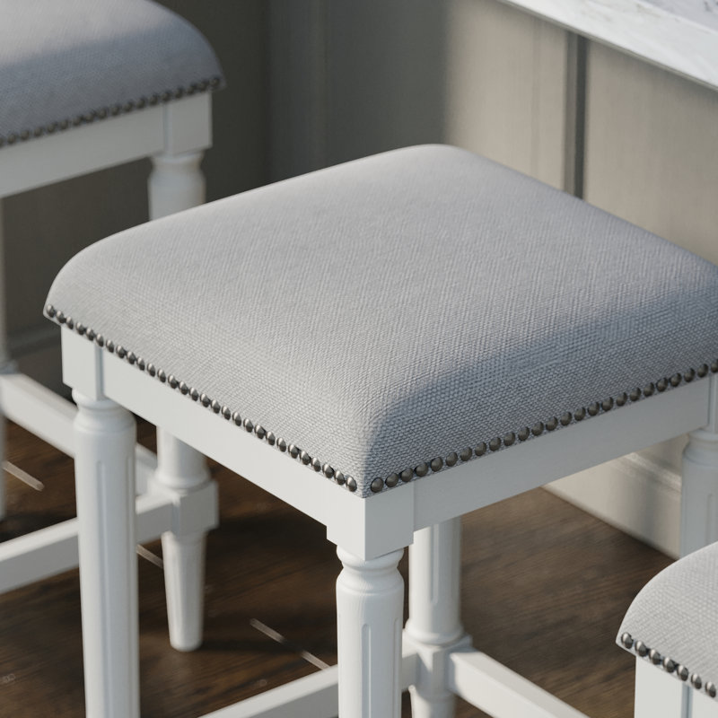 L 16 po x P 16 po x H 27 po, 1 pièce, tabouret de comptoir carré en bois et en tissu, blanc, pieds sculptés avec siège rembourré sans outils