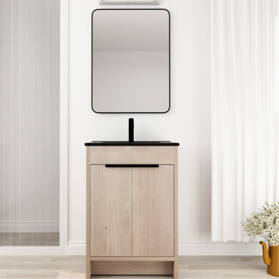 Meuble-lavabo autoportant avec lavabo en céramique noire et 2 portes à fermeture en douceur - détail d'ingénierie moderne en contreplaqué d'ingénierie de 24 pouces