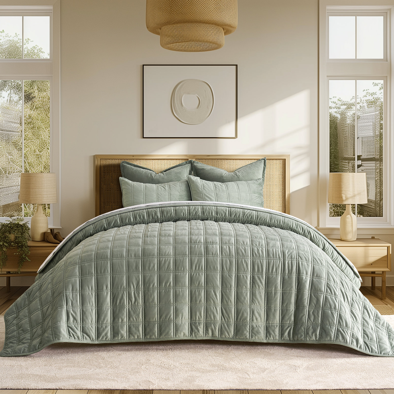Velvet Quilt Set, Queen Quilt + 2 Queen Shams, Sage Green