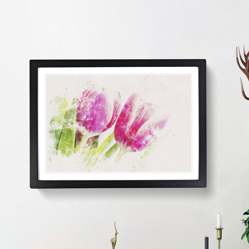 Pair of Pink Tulip Flowers - Picture Frame Painting Print, 62cm H x 87cm W x 2cm D, Black Framed
