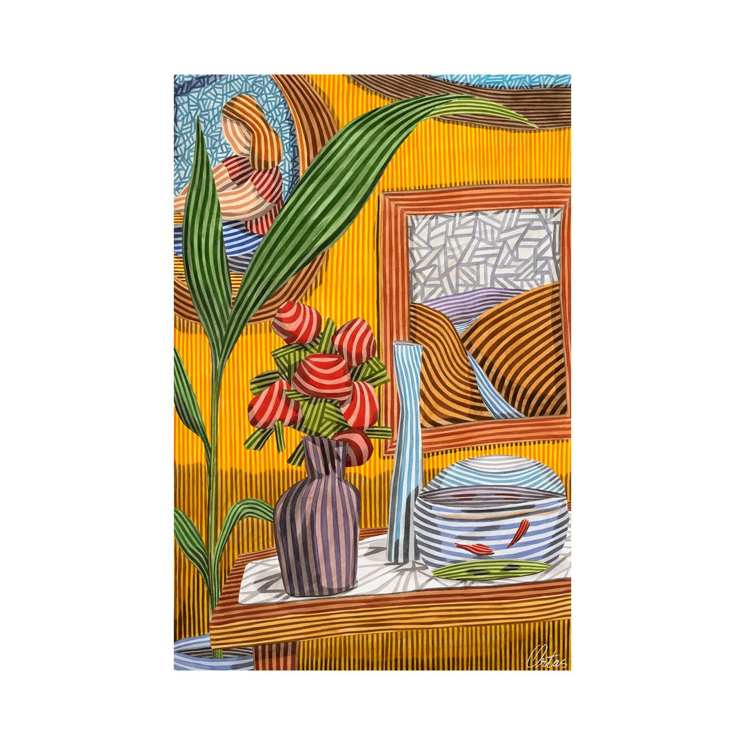 Stilleben mit Fischen und roten Blumen von Javier Ortas - Leinwand ohne Rahmen Giclée auf Leinwand