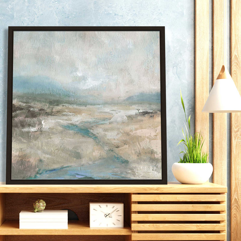 «Summer Creekbed» par Carol Robinson - Peinture, L 27,5 po x H 27,5 po, Encadrement brun